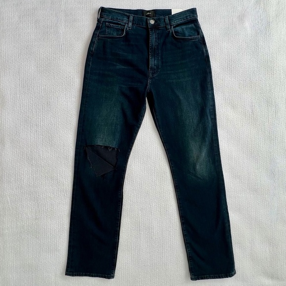 NWT 7 For All Mankind Easy Slim High Rise Blue Jeans Women's Size 31 Ripped Knee - Picture 3 of 12